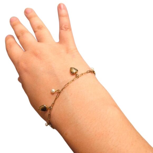 Mini Puffy Heart and Pearl Bead Dangle Link Bracelet - Picture 11 of 12